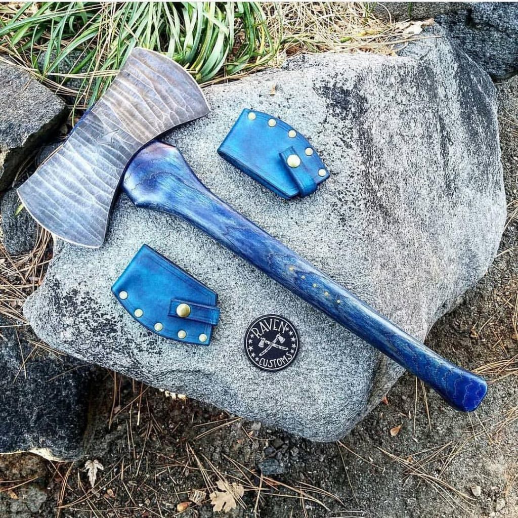 Raven Customs Double Bit Hand Axe with stained hickory handle.