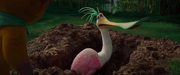 Animated bird lying in a grave.