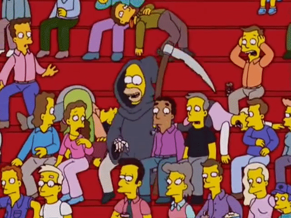 Homer dressed as the Grim Reaper going through stands.